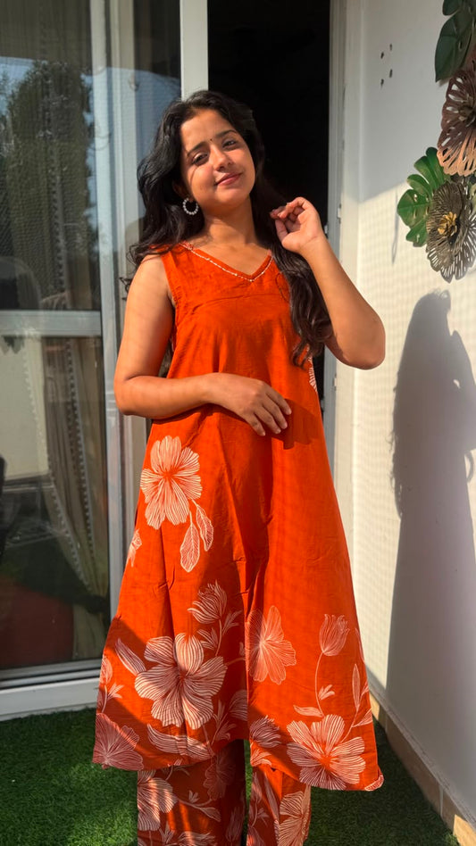 Rust Floral A-Line Pallazo Suit Set
