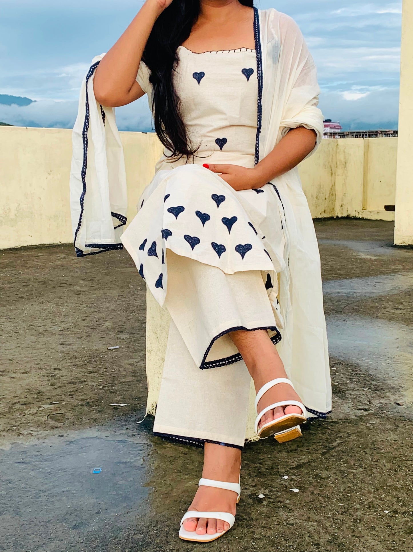 Off White Sleeveless Embroidered Suit Set