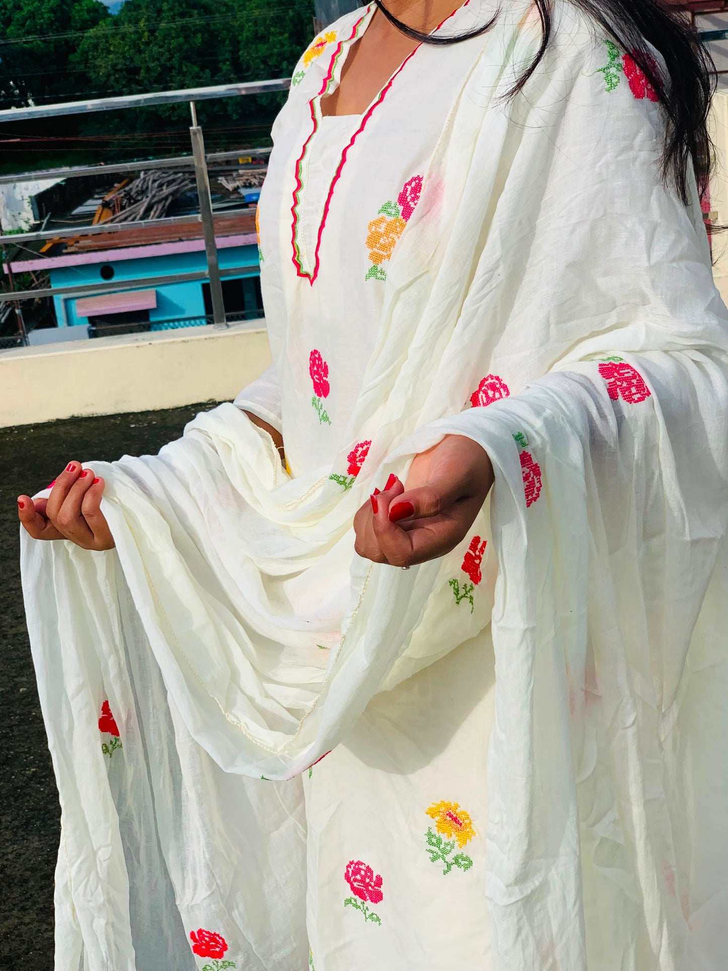 White Floral Embroidered Suit Set