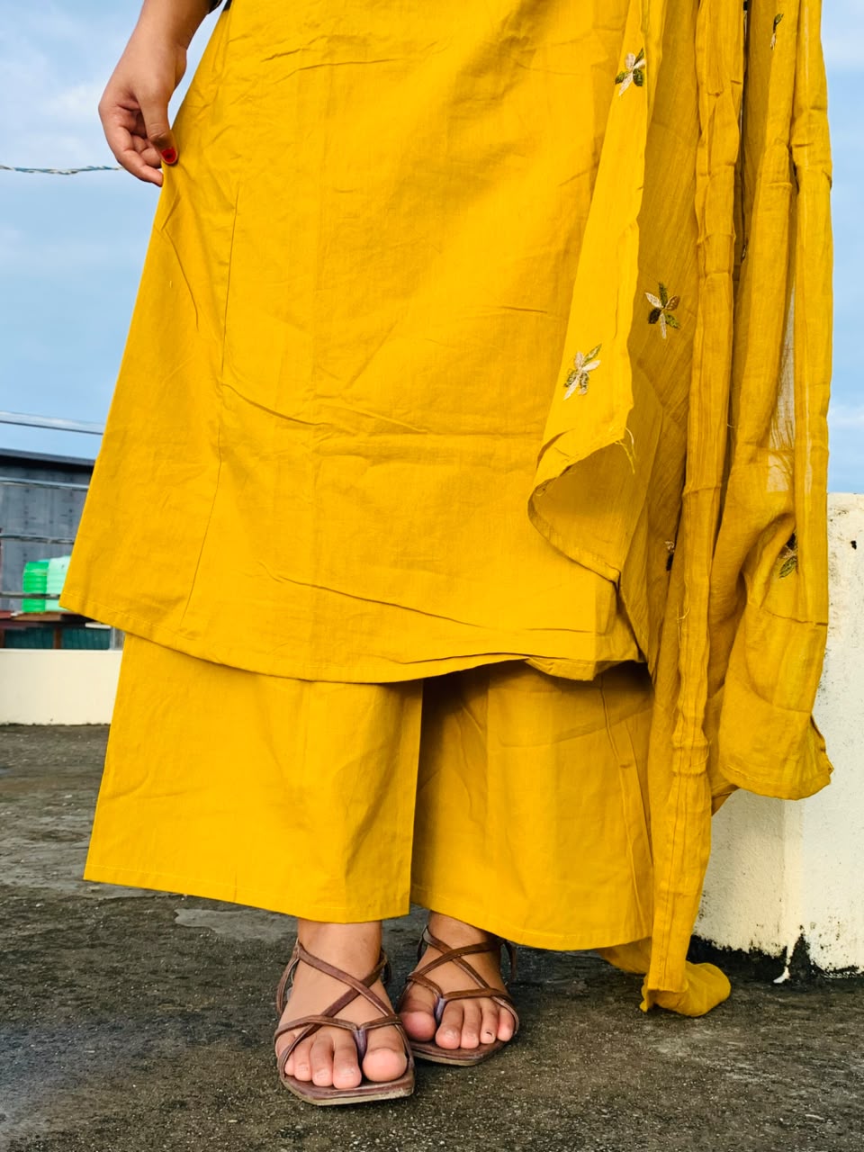 Mustard Yellow A Line  Embroidered Suit Set