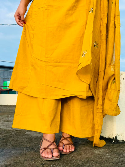 Mustard Yellow A Line  Embroidered Suit Set
