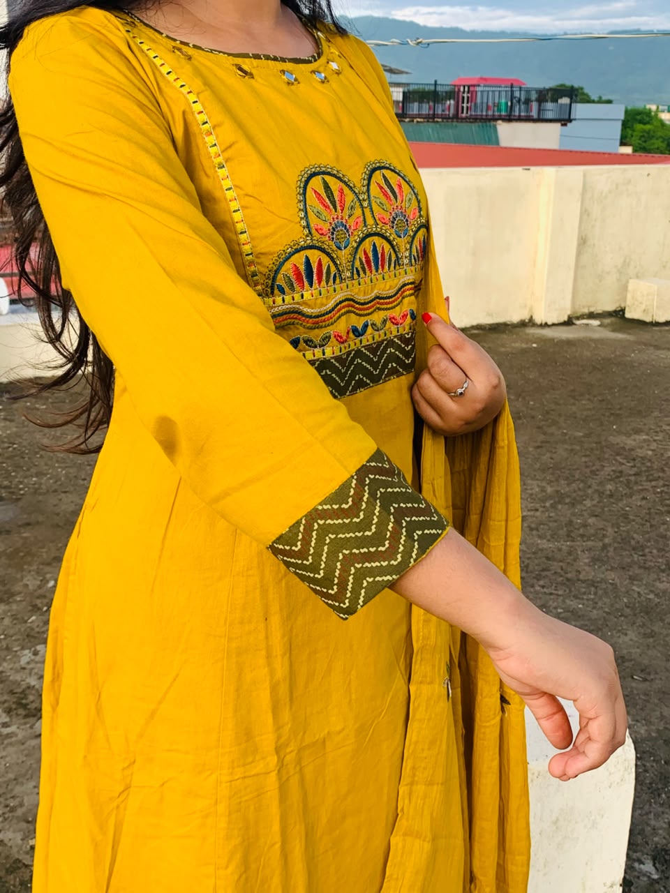 Mustard Yellow A Line  Embroidered Suit Set