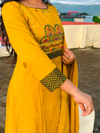 Mustard Yellow A Line  Embroidered Suit Set