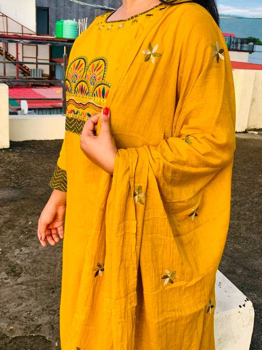 Mustard Yellow A Line  Embroidered Suit Set