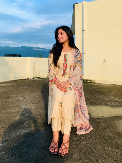 Floral Embroidered Mul Chanderi Suit Set