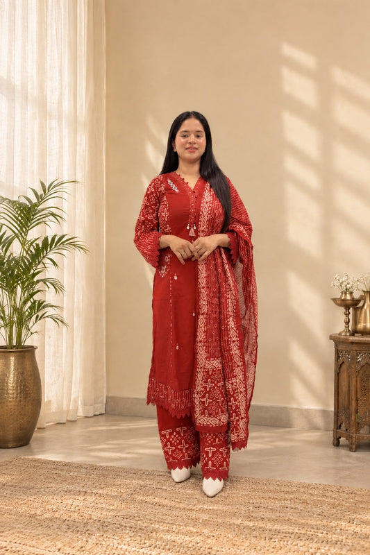 Rust Bandhani Bloom Cotton Suit Set