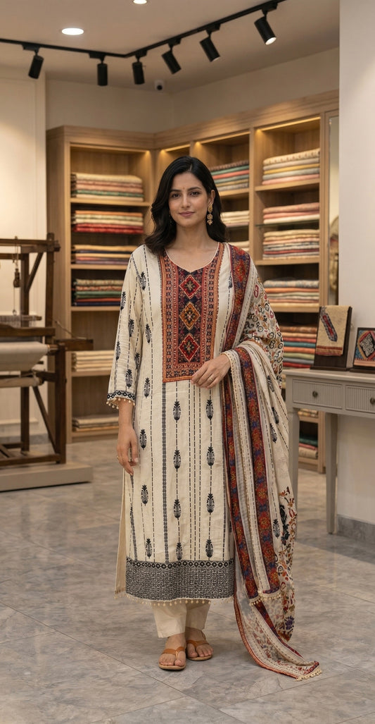Cream & Ebony Printed Cotton Suit