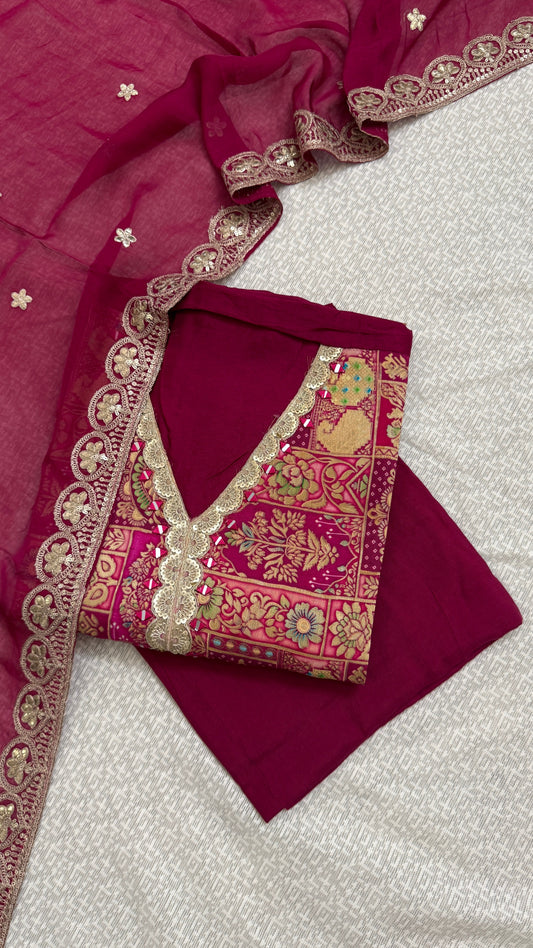 Marron Dola Silk Weaving Unstitched Suit Set Namostri