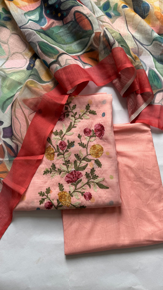 Peach Linen Printed Embroidered Unstitched Suit Set Namostri
