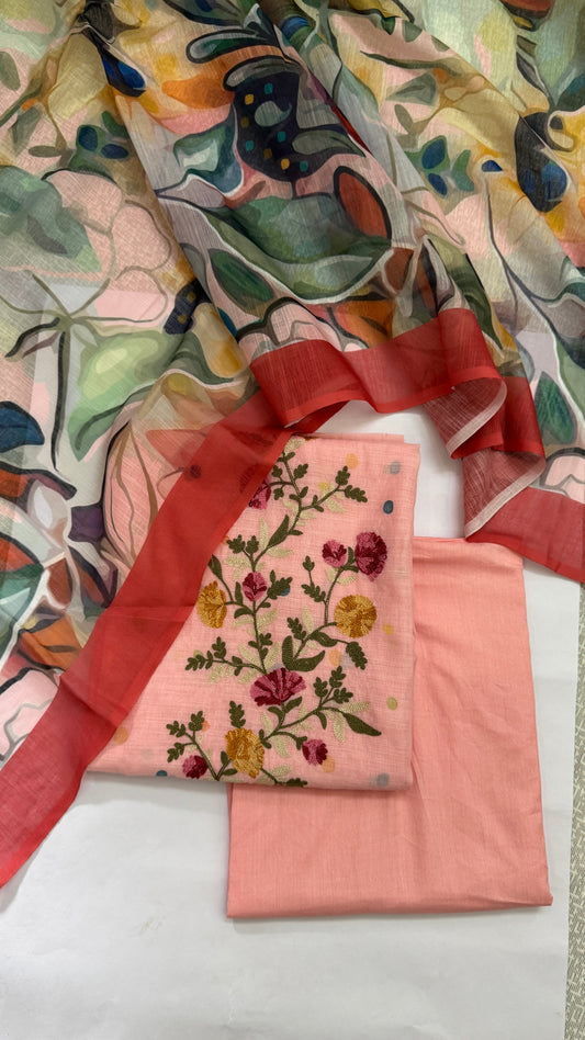 Peach Linen Printed Embroidered Unstitched Suit Set Namostri