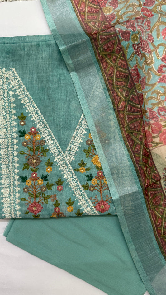 Teal Linen Embroidered Unstitched Suit Set Namostri