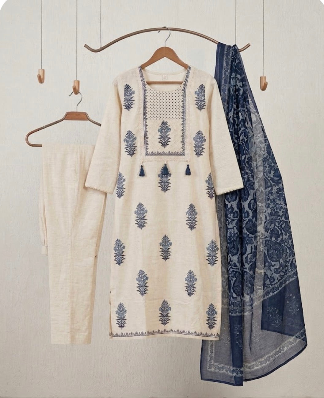 Ivory Blue Floral Elegance Suit Set