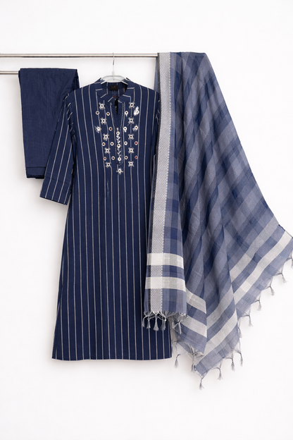 Navy Blue Striped Suit Set