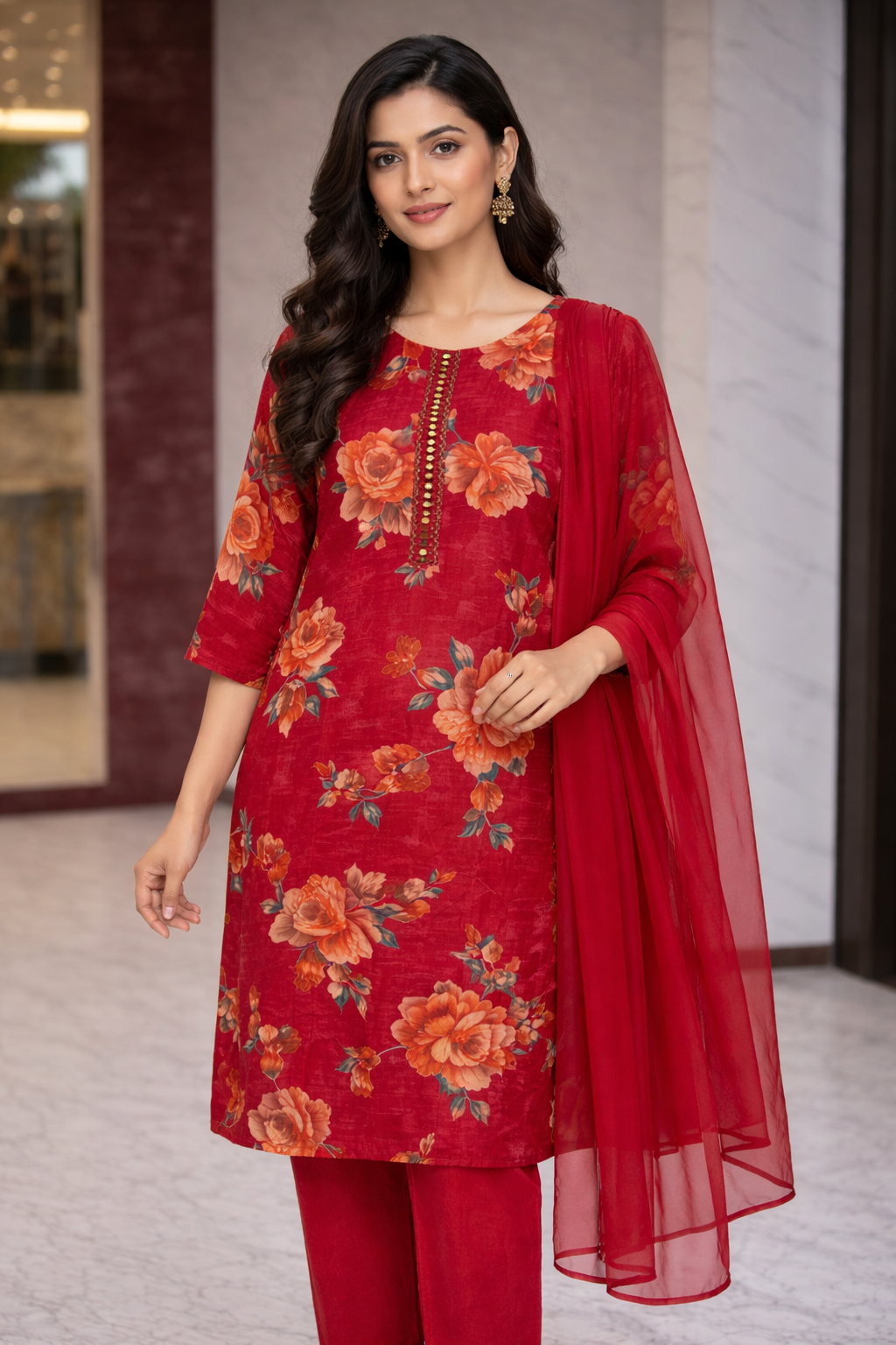 Red Floral Printed Suit Set