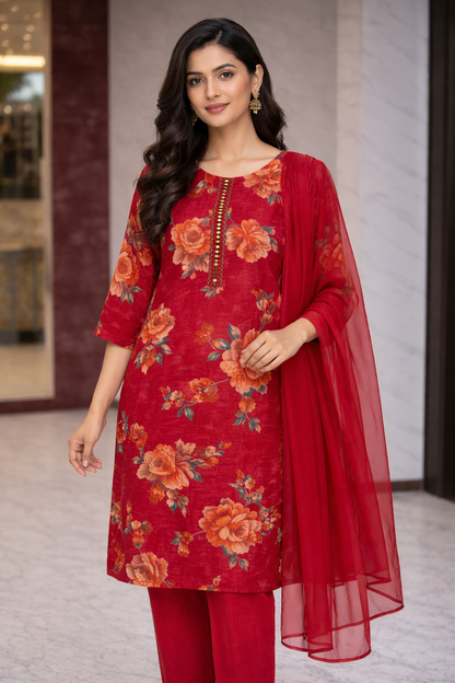 Red Floral Printed Suit Set