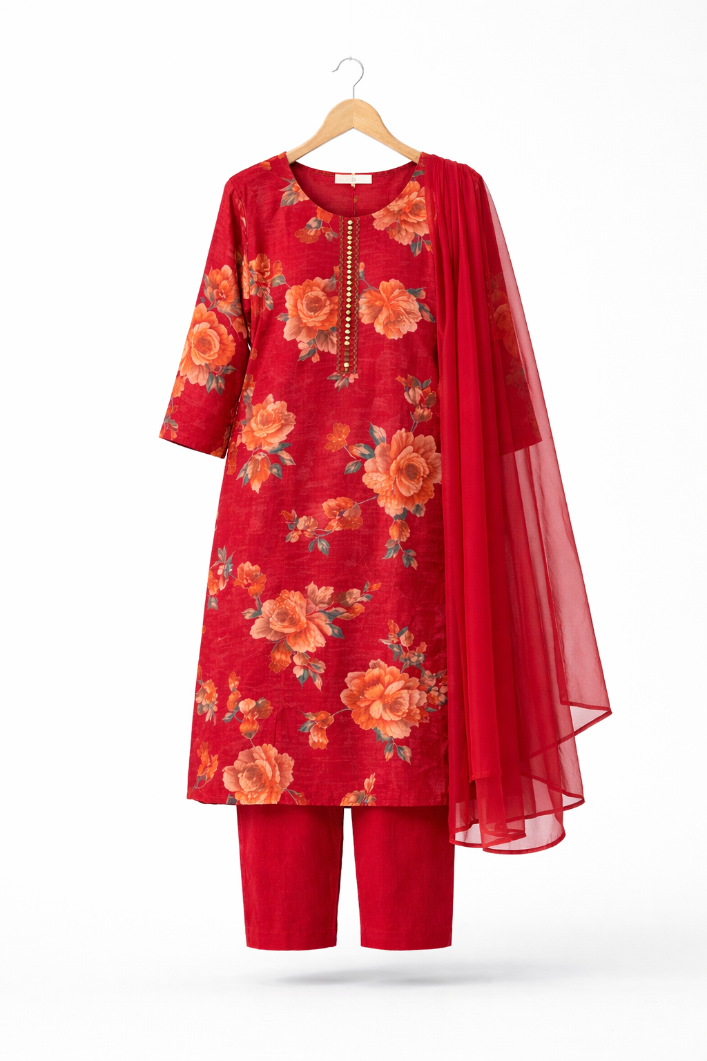 Red Floral Printed Suit Set