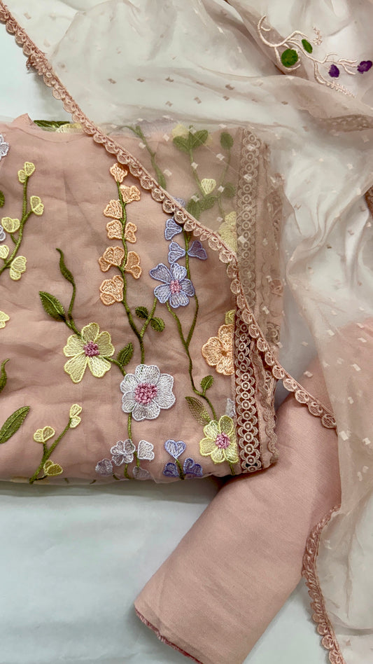 Blush Pink Organza Embroidered Unstitched Suit Set Namostri