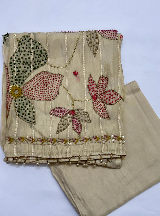 Beige Shimmer Silk Weaving Unstitched Suit Set Namostri
