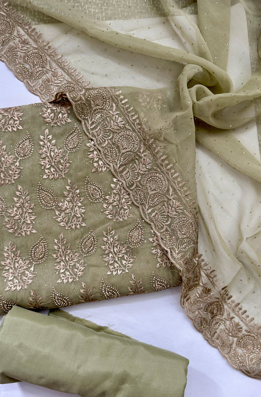 Sage green Shimmer Tissue Embroidered Unstitched Suit Set Namostri
