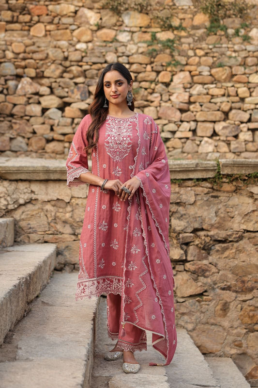 Peach cotton lace embroidered suit set