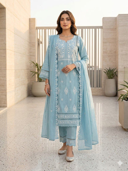 Powder Blue Cotton Lace Embroidered suit Set