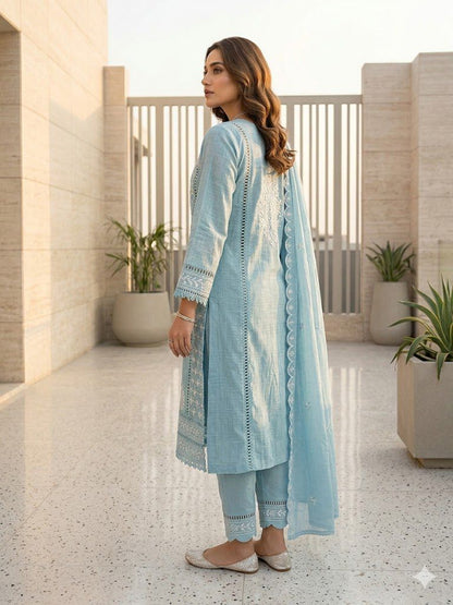 Powder Blue Cotton Lace Embroidered suit Set