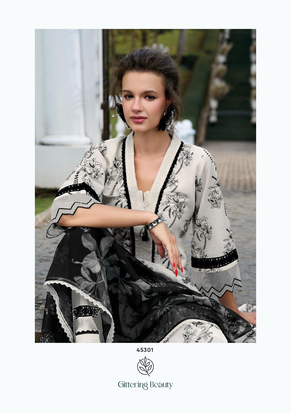 White & Black Cotton Suit Set