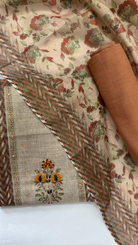Walnut Brown Linen Embroidered Unstitched Suit Set Namostri