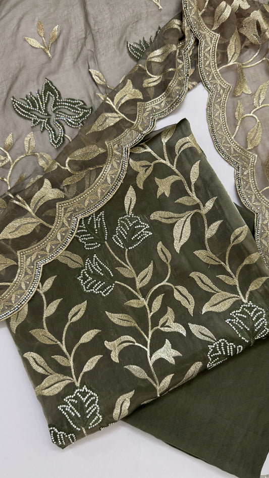 Olive Luxe Organza Tissue Embroidered Unstitched Suit Set Namostri