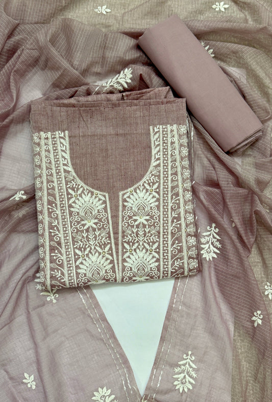 Taupe Khadi Cotton Embroidered Ensemble Unstitched Suit Set Namostri