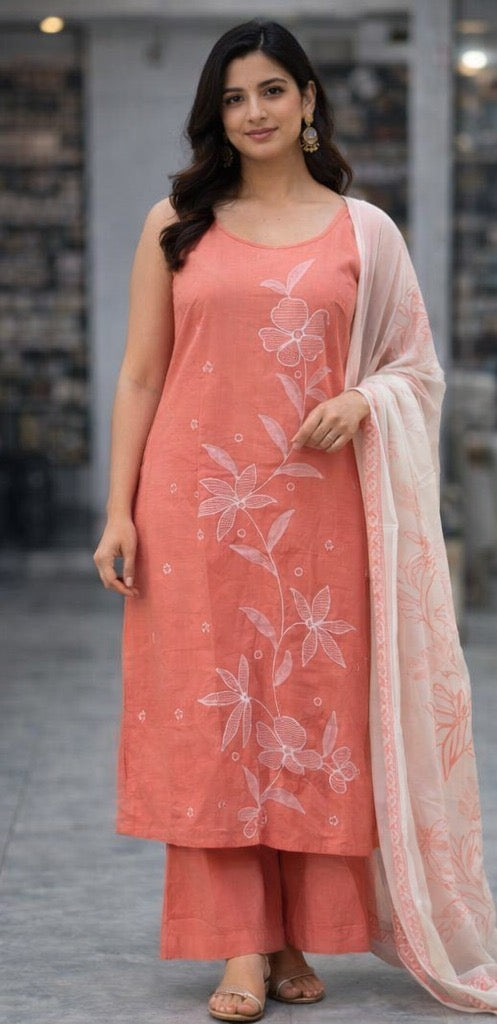 Peach Sleeveless Hand Painted Suit Set