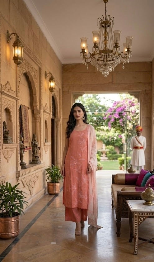 Peach Sleeveless Hand Painted Suit Set