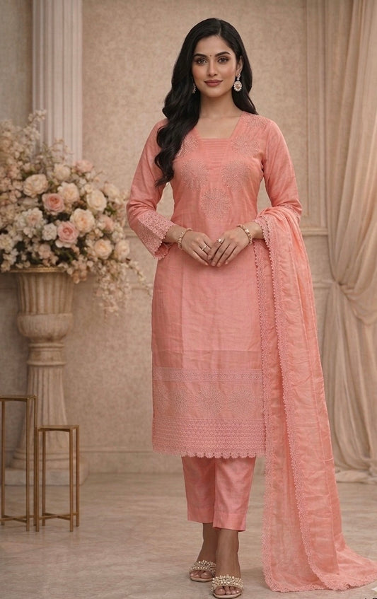 Rose Pink Cotton Blend Embroidered Suit Set