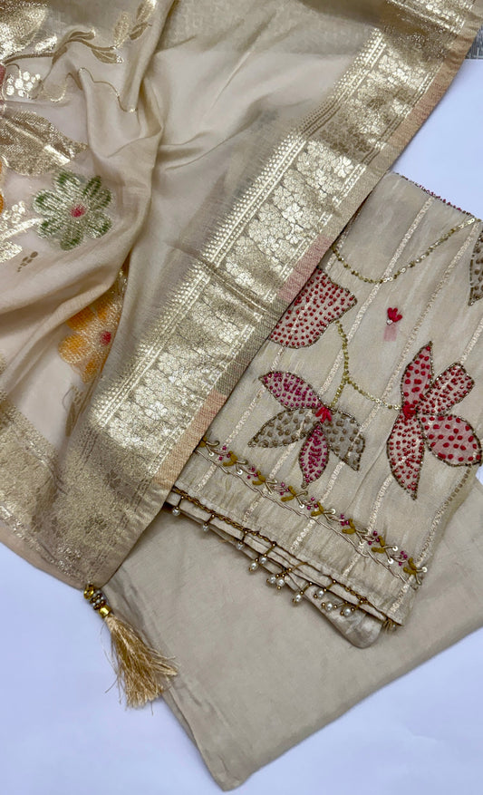 Beige Shimmer Silk Weaving Unstitched Suit Set Namostri