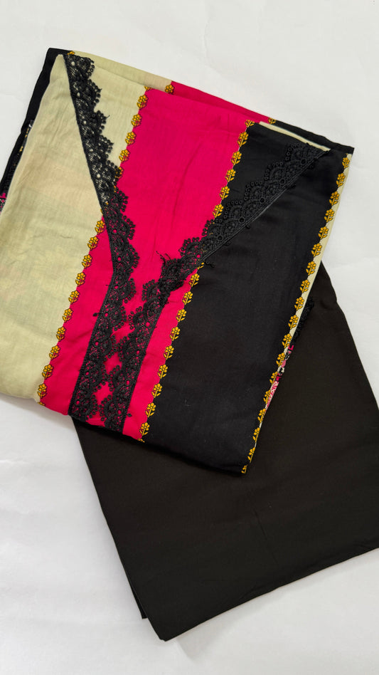 Hot Pink & Beige Printed Jaam Cotton Unstitched Suit Set Namostri