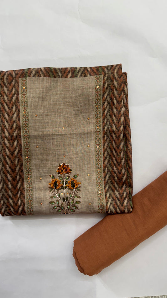 Walnut Brown Linen Embroidered Unstitched Suit Set Namostri