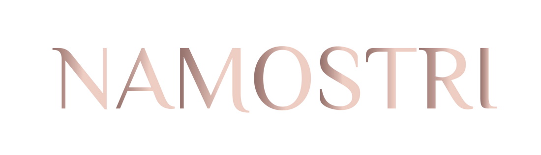 Brand name 'NAMOSTRI' in rose gold on a white background