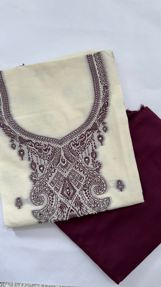 Ivory Plum Cotton Weaving Unstitched Suit Set Namostri