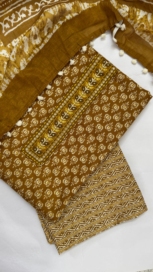 Mustard Gold Floral Muse Cotton Unstitched Suit Set Namostri