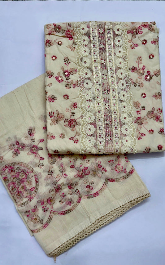Ivory Off white Cotton Embroidered Unstitched Suit  Set Namostri